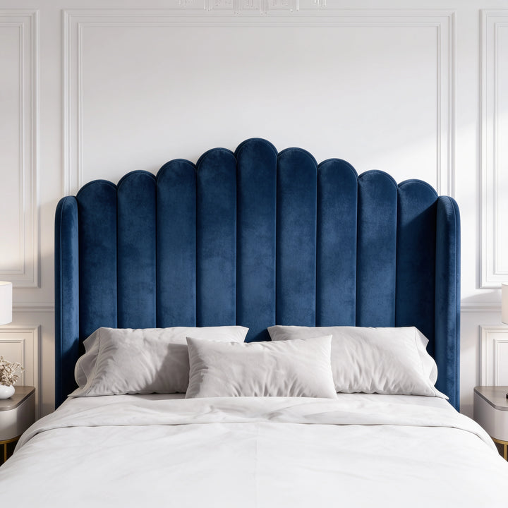 [Double | Blue] Front detail of tall scalloped velvet headboard with rounded vertical channels and padded wings
