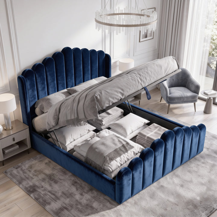 [Double | Blue] Velvet ottoman bed open from the foot end, showing gas-lift frame and full bedding storage