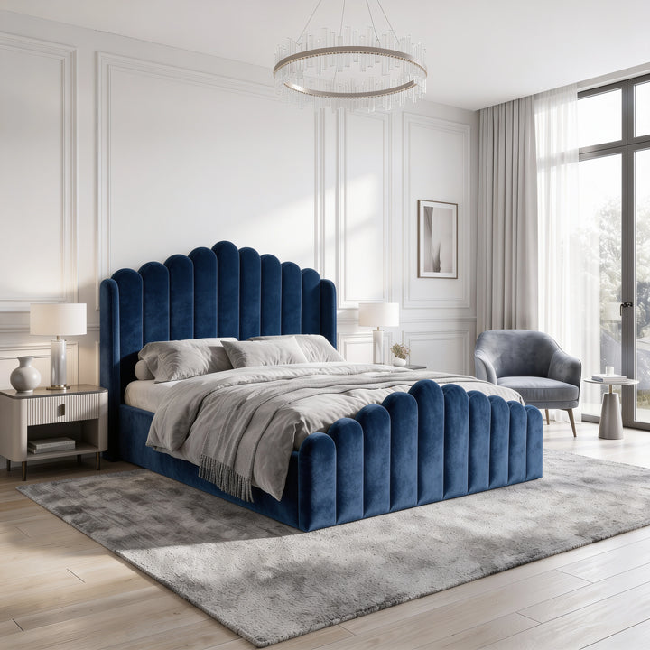 [Double | Blue] Velvet ottoman storage bed in a bedroom, with scalloped channel headboard and matching footboard