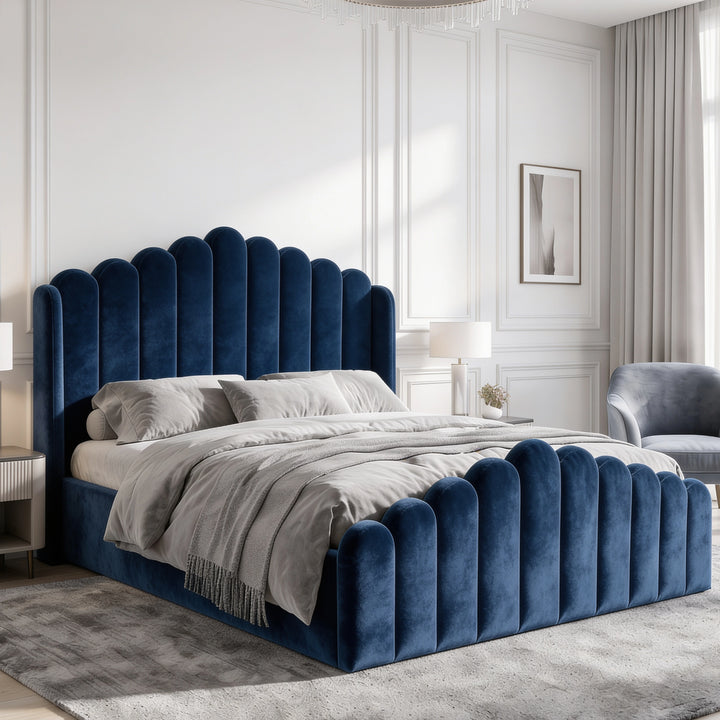 [Double | Blue] Front angle of velvet ottoman storage bed with scalloped channel headboard and footboard