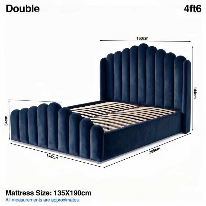 [Double | Blue] Ottoman bed size: 160W x 209L x 144H cm; foot end 64H; mattress 135 x 190 cm