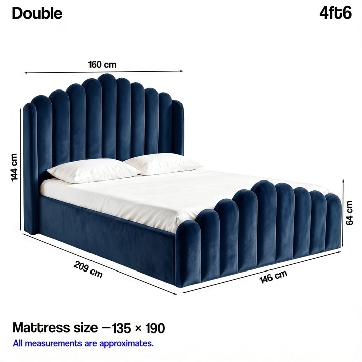 [Double | Blue] Ottoman bed size: 160W x 209L x 144H cm; foot end 64H; mattress 135 x 190 cm