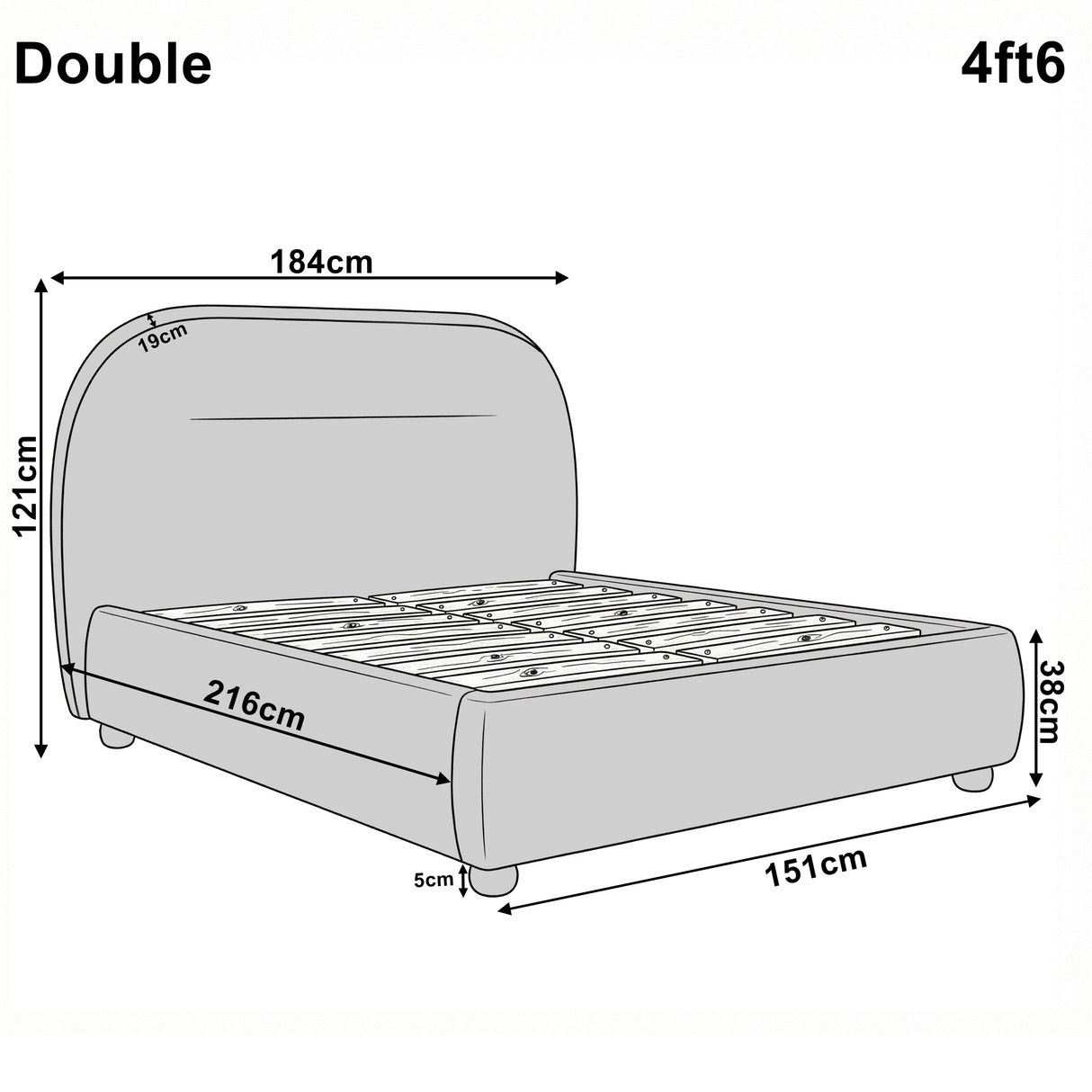 Dimensional diagram of a double blue bed frame showing height 121 cm, width 184 cm, and length 216 cm