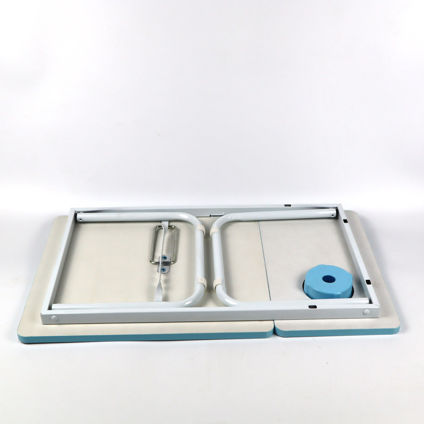 Blue foldable laptop desk, adjustable and compact, perfect for working or relaxing comfortably in bed or on the sofa.