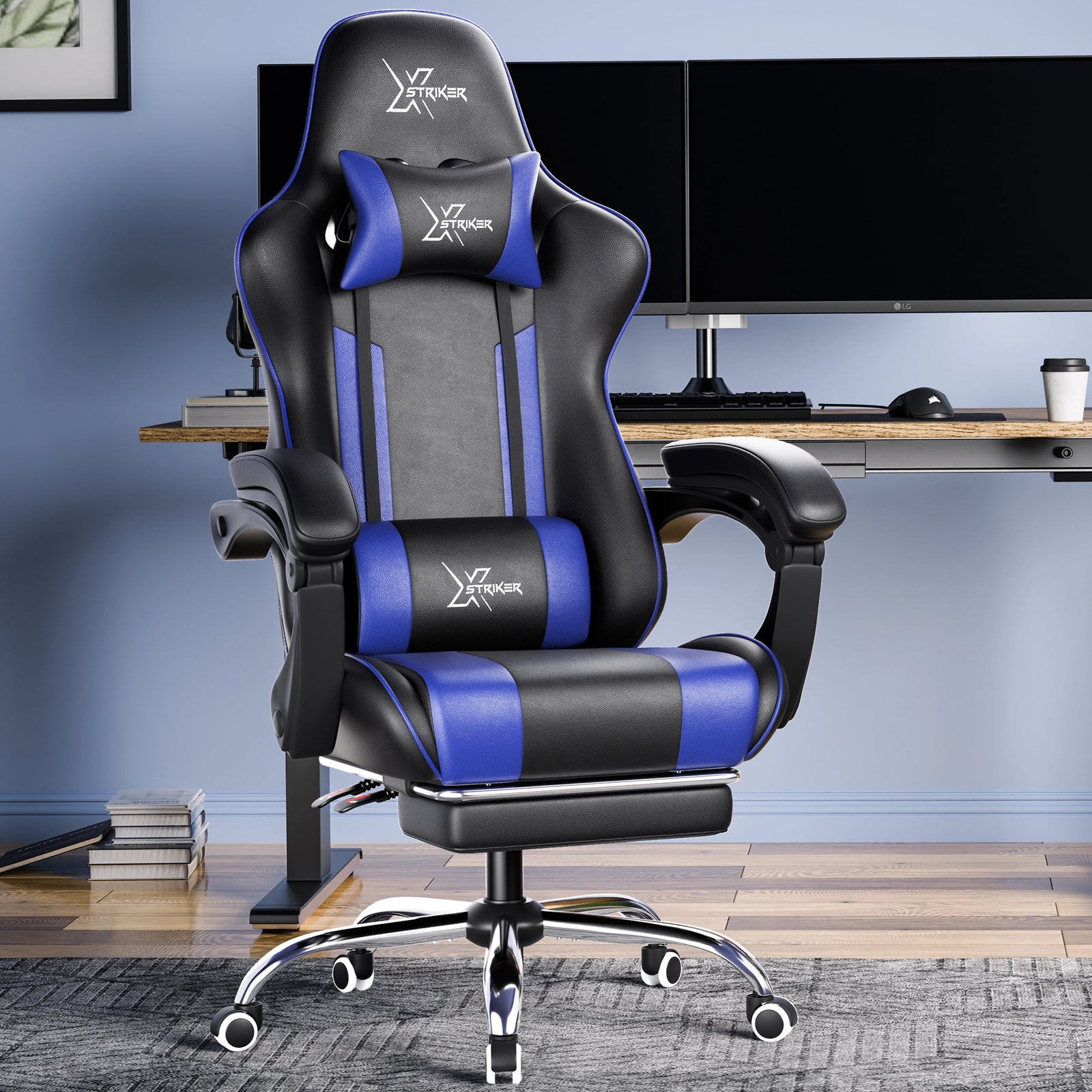 [Black + Blue] Xstriker office Chair With Footrest in black and blue, featuring ergonomic design, lumbar support, and adjustable armrests, ideal for home or office setups.