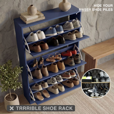 Blue multi-tier shoe organiser open view showing structured angled shelving for compact storage