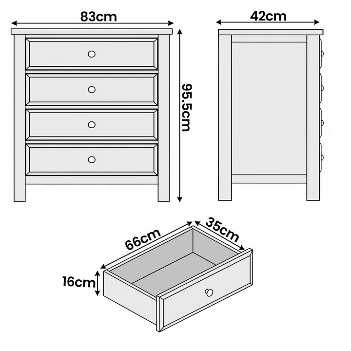 [Blue] Haven 4 drawer chest size diagram showing 83cm width, 95.5cm height, 42cm depth and internal drawer dimensions