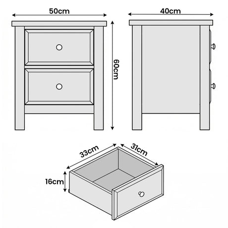 [Blue] Haven bedside table dimension diagram showing 50cm width, 40cm depth, 60cm height and drawer size