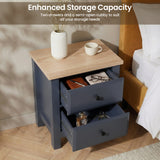 [Blue] Haven bedroom furniture set 2-drawer bedside table with oak top and both drawers extended beside bed