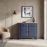 [Blue] Haven Small Blue Sideboard with Drawers & Oak Top, Painted Finish styled within a living room space next to an armchair.