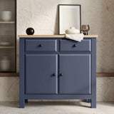[Blue] Haven Small Blue Sideboard with Drawers & Oak Top, Painted Finish shown straight-on with decor on top.
