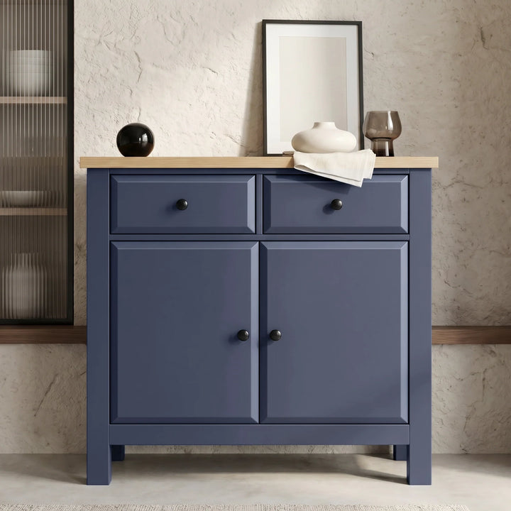 [Blue] Haven Small Blue Sideboard with Drawers & Oak Top, Painted Finish shown straight-on with decor on top.