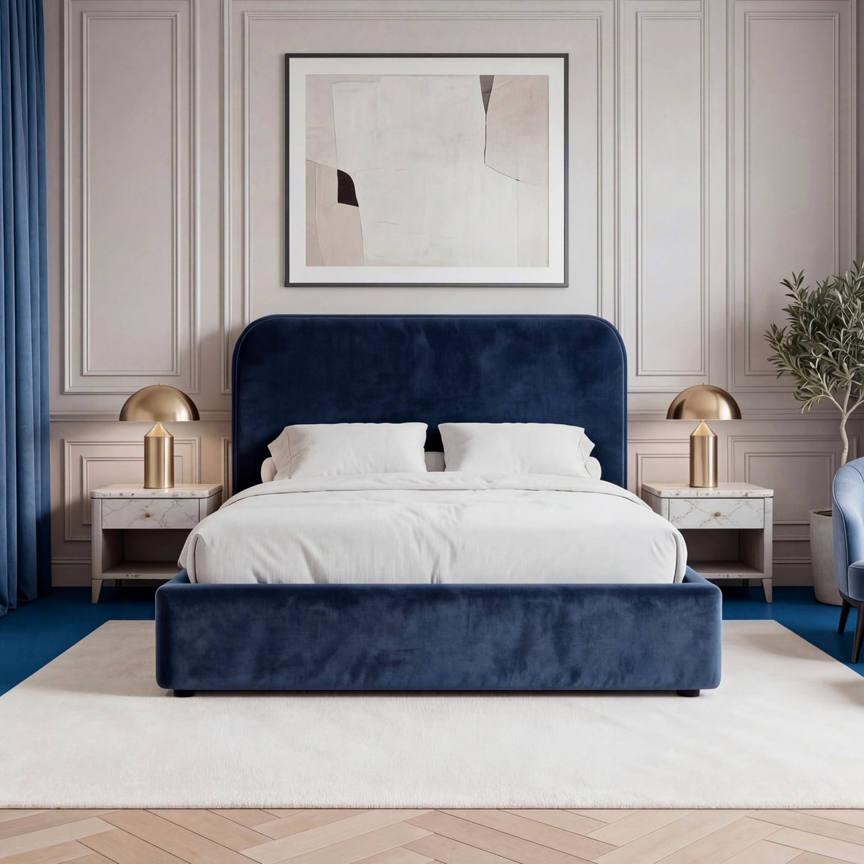 Front view of blue velvet king ottoman bed positioned between bedside tables in a neutral interior