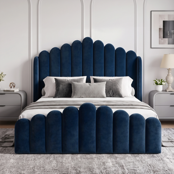 [King | Blue] Front view of velvet ottoman storage bed with scalloped channel headboard and matching footboard