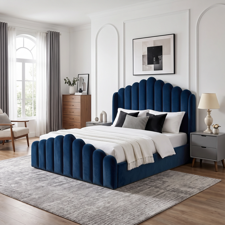 [King | Blue] Velvet ottoman storage bed in a wide bedroom view with scalloped headboard and footboard