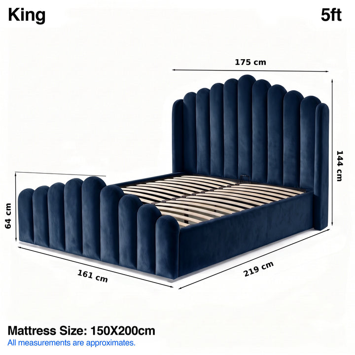 [King | Blue] Ottoman bed size: headboard 175W, base 161W x 219L, 144H; foot end 64H cm