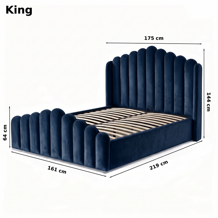 [King | Blue] Ottoman bed size: headboard 175W, base 161W x 219L, 144H; foot end 64H cm