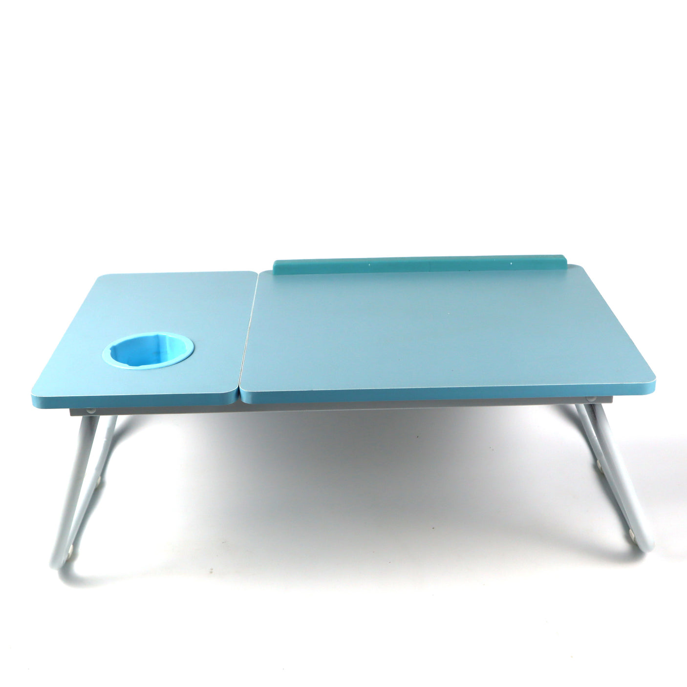 Blue laptop tray with cup holder, offering a convenient and adjustable surface for working or enjoying drinks in bed or on the sofa.