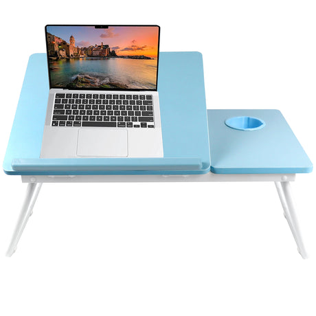 Portable folding laptop desk in blue with height adjustable legs and built-in cup holder, ideal for bed or sofa use. DHS multifunctional table for home office.