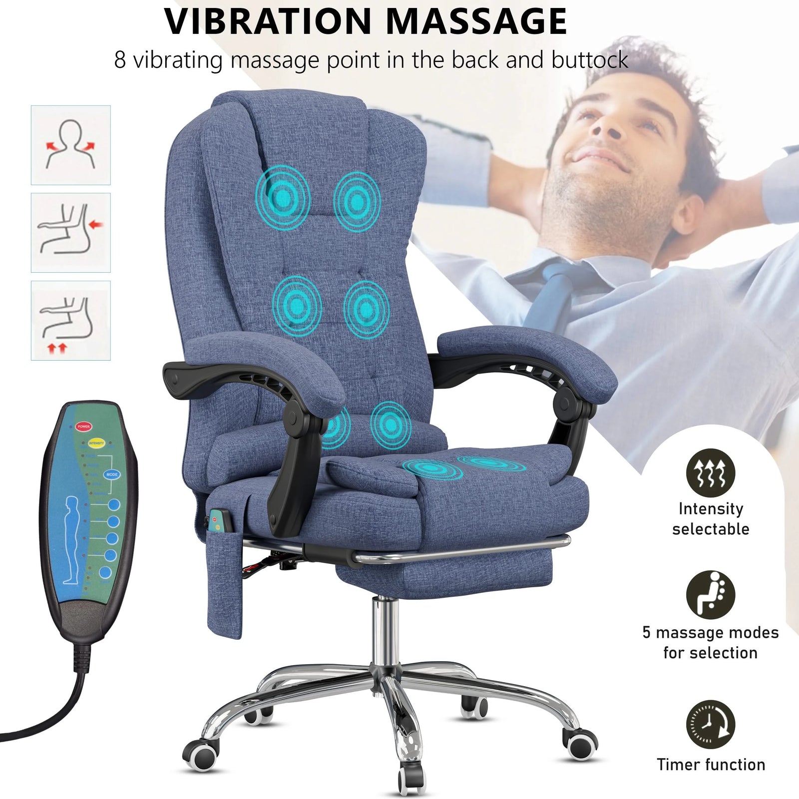 [Blue Linen] featuring massage points and a remote close-up, this blue office chair blends style with wellness features