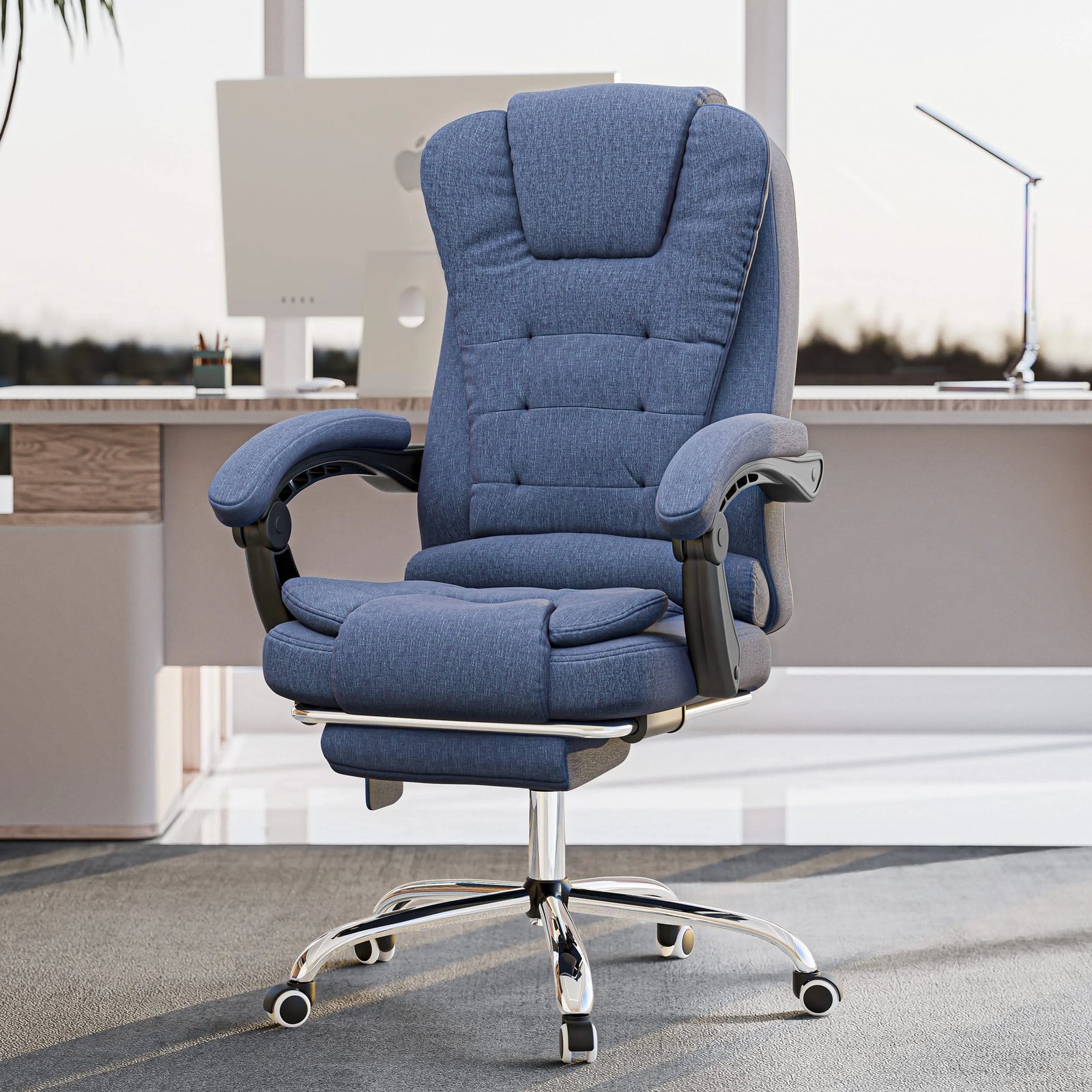 [Blue Linen] placed in a modern home office, this blue linen office chair adds comfort and style with a soft textured finish