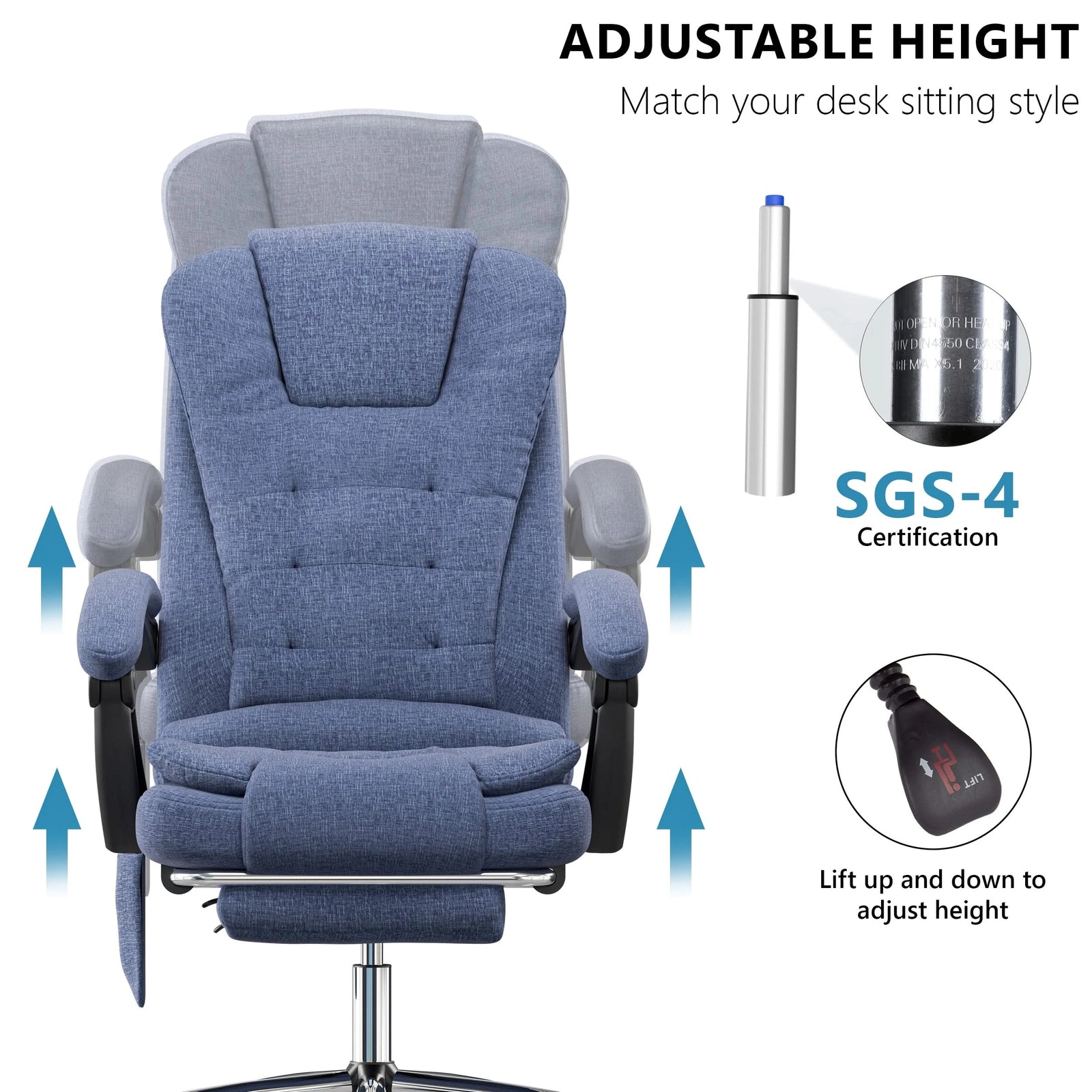 [Blue Linen] this blue linen vibrating desk chair includes seat movement graphics with close-up of certified piston and knob mechanism