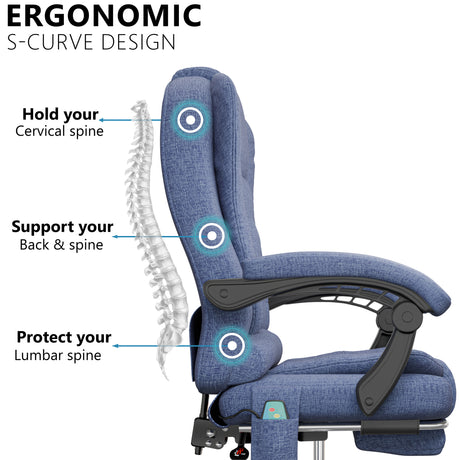 featuring an S-curve back, this blue linen ergonomic office chair supports healthy posture during long work sessions