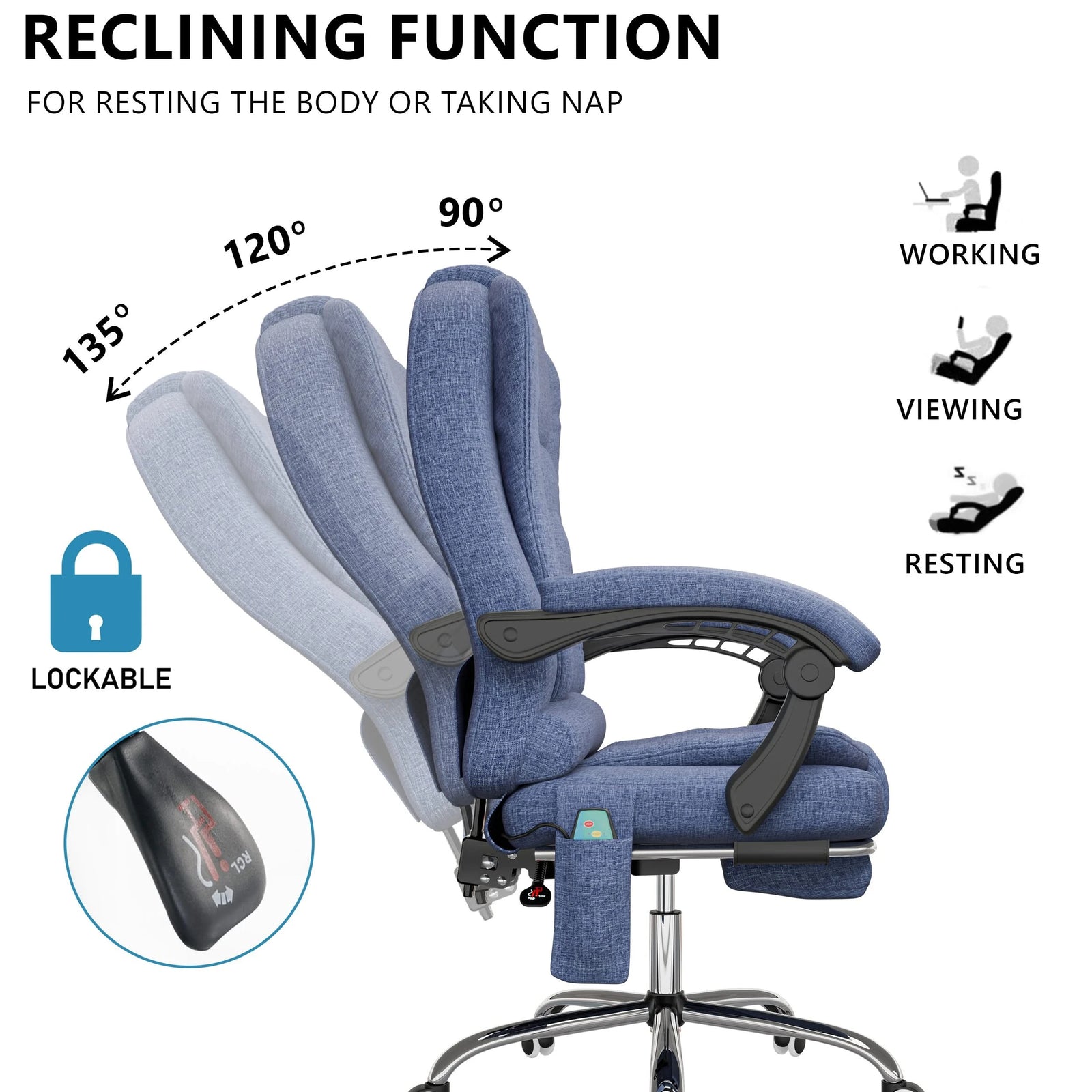 [Blue Linen] this reclining massage chair in blue linen demonstrates adjustable back tilt with control knob highlighted in the inset