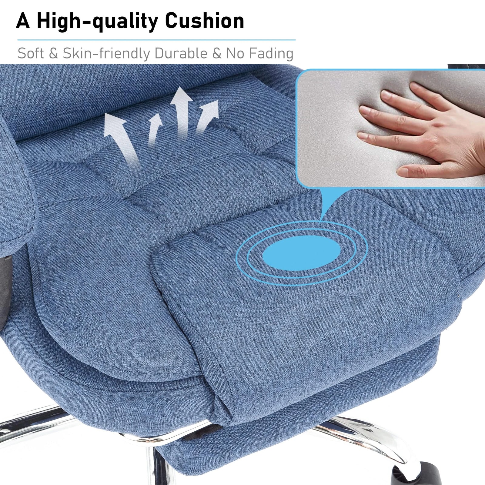 [Blue Linen] Blue linen swivel recliner chair with plush cushioned seat for enhanced comfort and support.