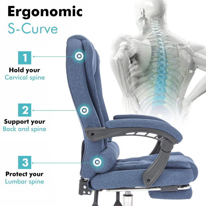 [Blue Linen] S-curve blue linen swivel recliner chair with ergonomic design and adjustable reclining function.
