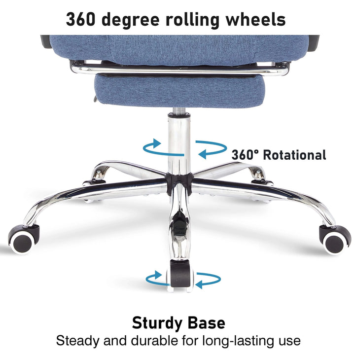 [Blue Linen] Blue swivel recliner chair with rolling wheels for easy mobility and ergonomic support.