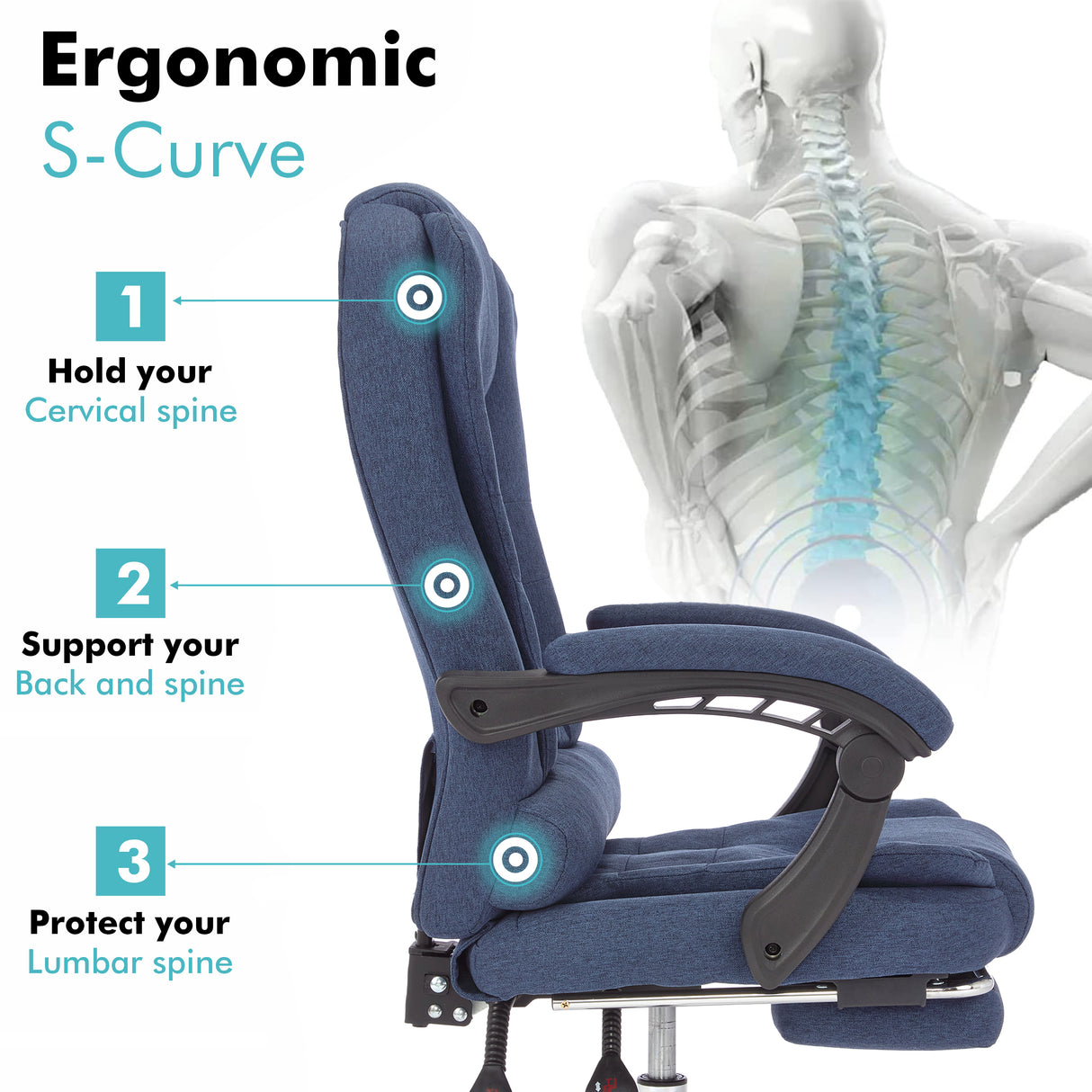 Blue linen office chair with massage to support your back and spine for comfort.