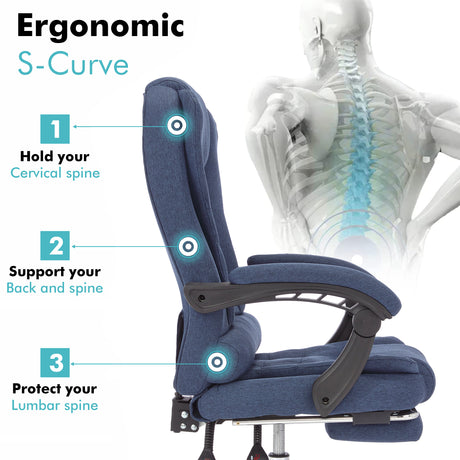 Blue linen office chair with massage to support your back and spine for comfort.