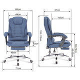 Blue linen swivel recliner chair with dimensions displayed for accurate sizing.