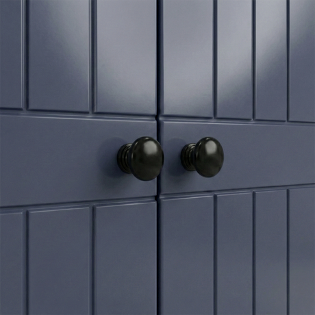 [Blue] Linra 2 Door Wardrobe close-up of grooved door fronts showing paired round black knob handles against matte blue finish