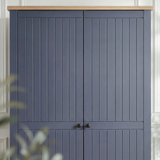 [Blue] Linra 2 Door Wardrobe upper section close-up showing vertical grooved door panels, oak effect top edge, and round black knobs