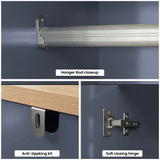[Blue] Linra 2 Door Wardrobe hardware detail showing brushed metal hanging rail, anti-tipping kit bracket, and soft-close hinge