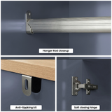 [Blue] Linra 2 Door Wardrobe hardware detail showing brushed metal hanging rail, anti-tipping kit bracket, and soft-close hinge