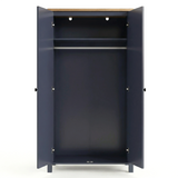 [Blue] Linra 2 Door Wardrobe fully open on white background showing empty interior with upper shelf, hanging rail, and hinge detail