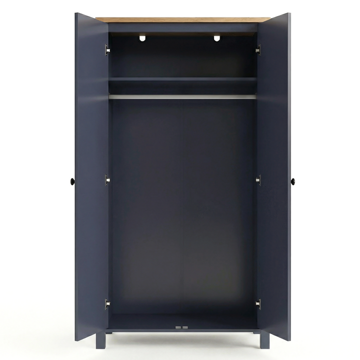 [Blue] Linra 2 Door Wardrobe fully open on white background showing empty interior with upper shelf, hanging rail, and hinge detail