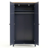[Blue] Linra 2 Door Wardrobe fully open on white background showing empty interior with upper shelf, hanging rail, and hinge detail