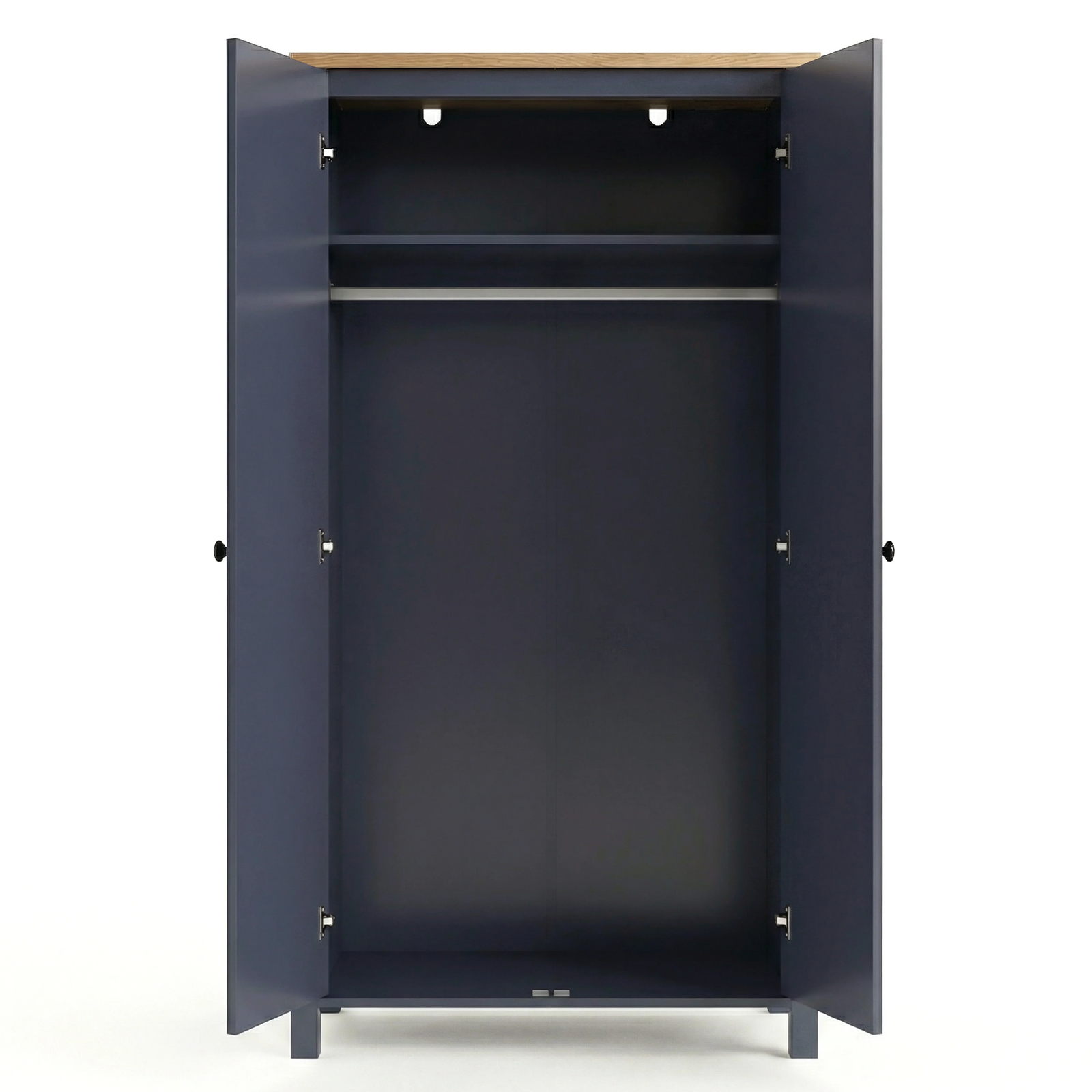 [Blue] Linra 2 Door Wardrobe fully open on white background showing empty interior with upper shelf, hanging rail, and hinge detail