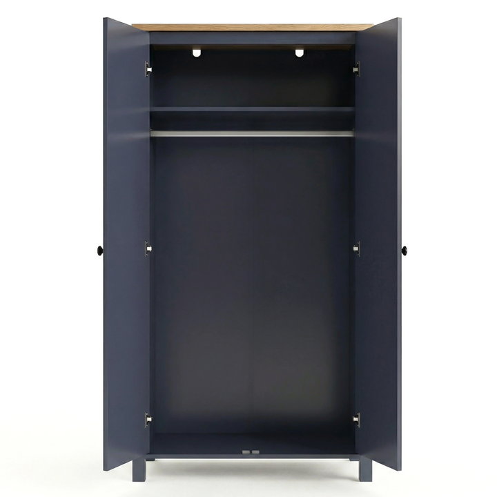 [Blue] Linra 2 Door Wardrobe fully open on white background showing empty interior with upper shelf, hanging rail, and hinge detail