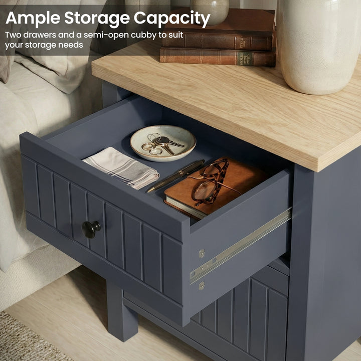 [Blue] Linra bedroom furniture set nightstand open drawer view showing metal runners and oak surface