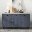 [Blue] sideboard with wooden top in a room setting with decor items