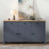 [Blue] sideboard with wooden top in a room setting with decor items