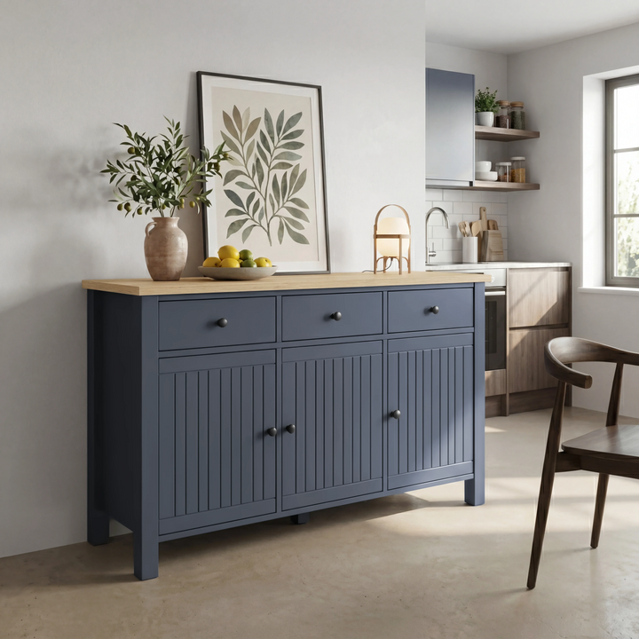 [Blue] Linra 135cm sideboard side profile view showing depth and blue oak finish with clean contemporary lines