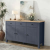 [Blue] 3 door sideboard with wooden top in a room setting with decor items