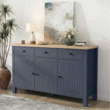 [Blue] 3 door sideboard with wooden top in a room setting with decor items