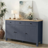 [Blue] 3 door sideboard with wooden top in a room setting with decor items